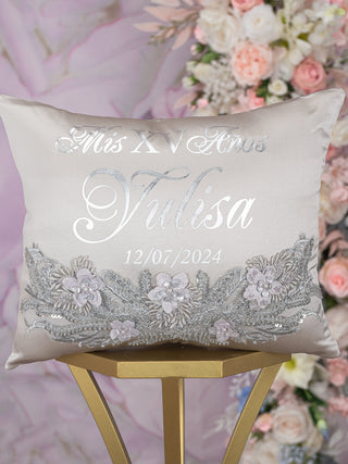 Silver quinceanera kneeling pillow, shoes pillow