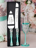 Turquoise Quinceanera cake knife set with 1 glass