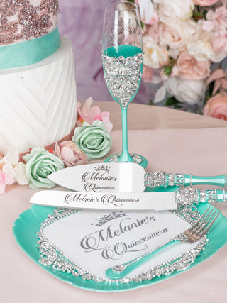 Turquoise Quinceanera cake knife and server