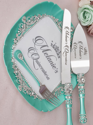 Turquoise Quinceanera cake knife and server