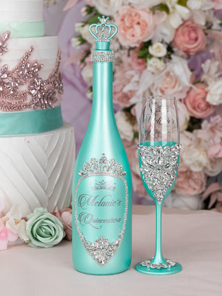 Turquoise Quinceanera cake knife set with 1 glass