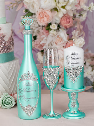 Turquoise Quinceanera cake knife set with plate and fork