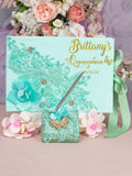 Sage green quinceanera guest book with pen