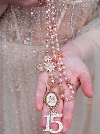 Rose Gold Quinceanera Rosary | Mis Quince Rosario | Oro Rosa Cross Rose Gold Quinceanera Rosary | Mis Quince Rosario | Oro Rosa Cross