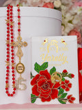 Charro Quinceanera Bible with Rosary in white and red