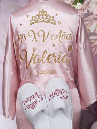 Quinceanera Rose Gold robe with slippers