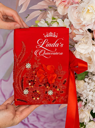 Red silver quinceanera guest book with pen