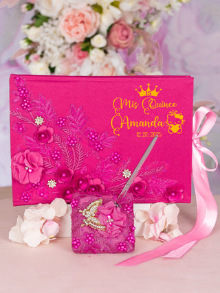 Fuchsia quinceanera guest book with pen Kitty design