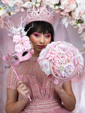 Pink quinceanera package of masquerade mask, bouquet and crown