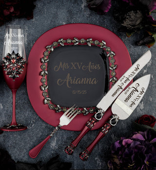 Burgundy Black Quinceanera cake knife set with plate and fork