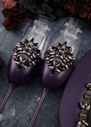 Purple Black Quinceanera cake knife set with plate and fork