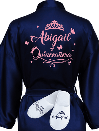 Quinceanera Navy Blue with Rose Gold robe with slippers