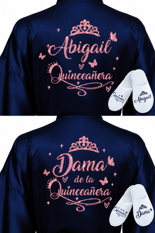 2 Batas y zapatillas Quinceanera Navy Blue with Rose Gold