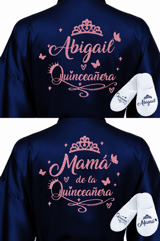 2 Batas y zapatillas Quinceanera Navy Blue with Rose Gold