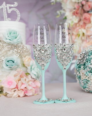 Mint 2 quinceanera champagne glasses