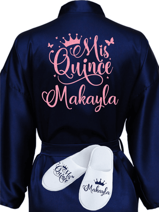 Quinceanera Navy Blue with Rose Gold robe with slippers