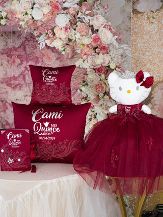 Burgundy Quinceanera pillows set, bible and Kitty