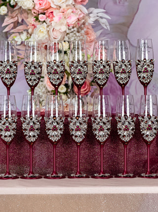 Burgundy silver 14 quinceanera champagne glasses