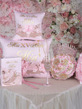 Pink with Gold quinceanera package of glass, pillows set, bible, rosary,crown and bouquet 9 inches