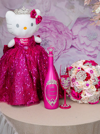 Magenta quinceanera brindis package with bottle