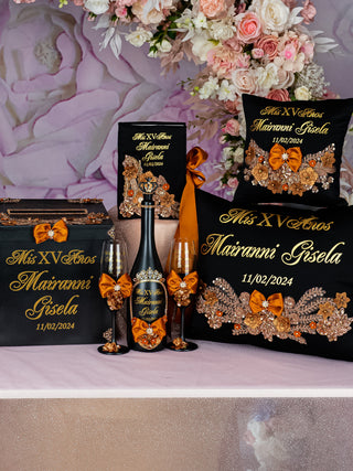 Black burnt orange quinceanera bottle with 2 glasses