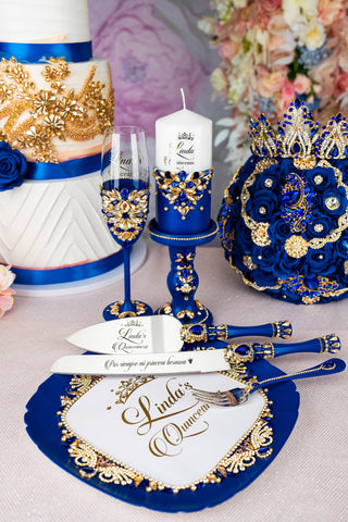 Royal blue quinceanera brindis package with bottle and candle