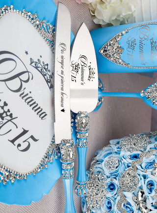 Light blue cake knife and server