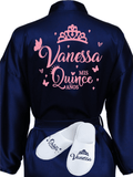 Quinceanera Navy Blue with Rose Gold robe with slippers