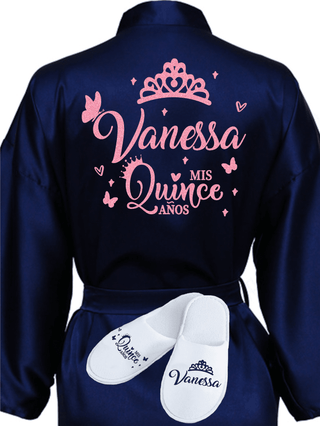 Quinceanera Navy Blue with Rose Gold robe with slippers