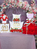 White and red Charro quinceanera paquetes of Money Card Box, Glass,Muneca, pillows set and bouquet 9 inches