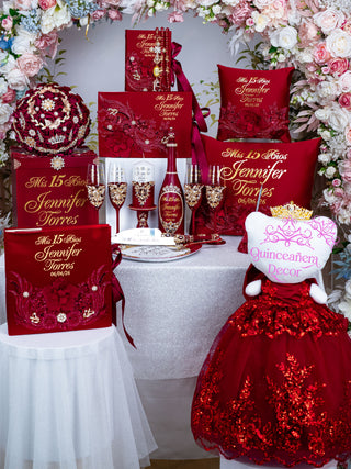 Burgundy with Gold Quinceanera mega package with Muneca