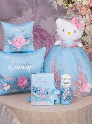 Light blue with Pink and flowers last kitty for quinceanera