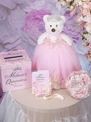 Pink Quinceanera bear, pillows set, bible, tiaras and bouquet 9 inches