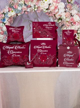 Burgundy silver quinceanera guest book with pen