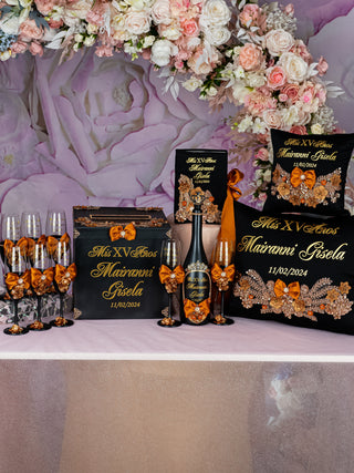 Black burnt orange Quinceanera Bottle with 8 Glasses