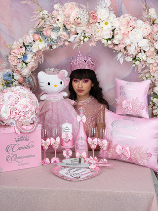 Pink quinceanera bottle with 4 glasses