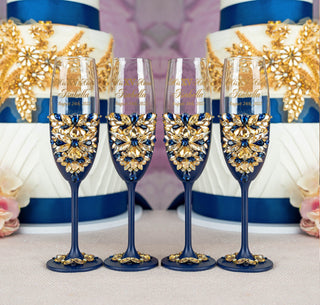 Navy blue with gold 4 quinceanera champagne glasses