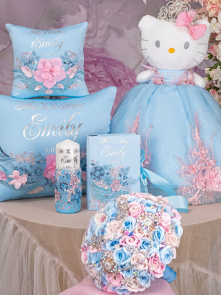 Light Blue with Pink Quinceanera pillows set, bible, candle and Kitty