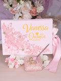 Pink Gold quinceanera guest book with pen