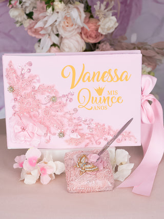 Pink Gold quinceanera guest book with pen