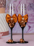 Black burnt orange 2 quinceanera champagne glasses