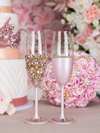 Pink with Gold 2 quinceanera champagne glasses (1 simple and 1 fancy)