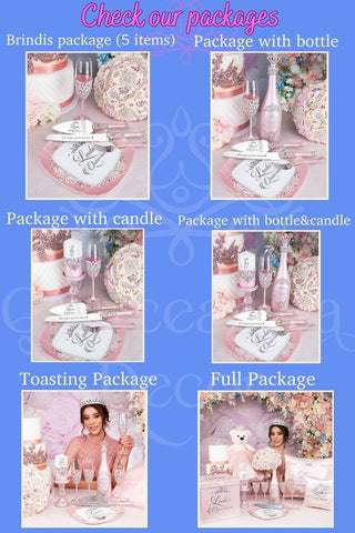 Green quinceanera brindis package with bottle and candle