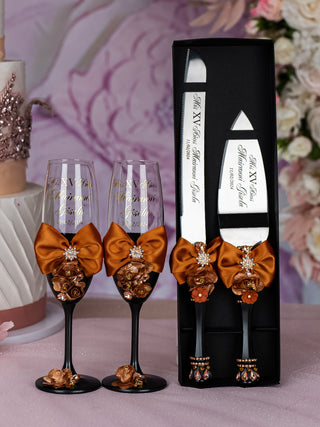 Black burnt orange Quinceanera Bottle with 8 Glasses