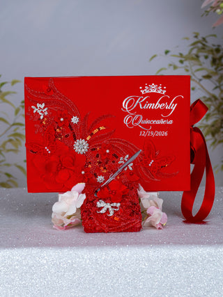 Red silver Quinceanera guest book with pen