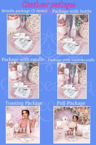 Lavender quinceanera brindis package with bottle and candle