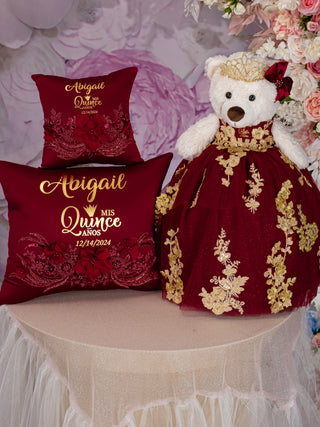 Burgundy Quinceanera pillows set and teddy bear