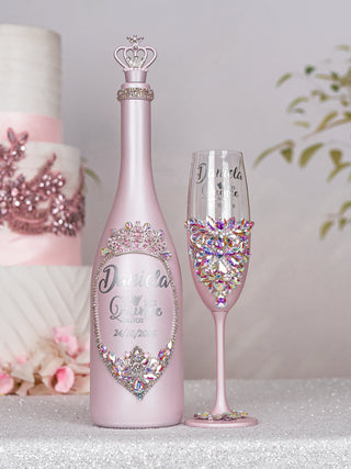 Baby Pink Silver Quinceanera theme bottle with 1 glass