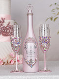 Baby pink silver quinceanera bottle with 2 glasses