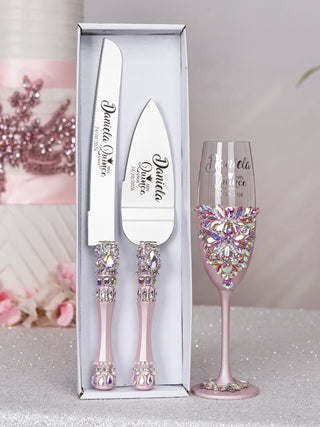 Baby pink silver Quinceanera cake knife set with 1 glass